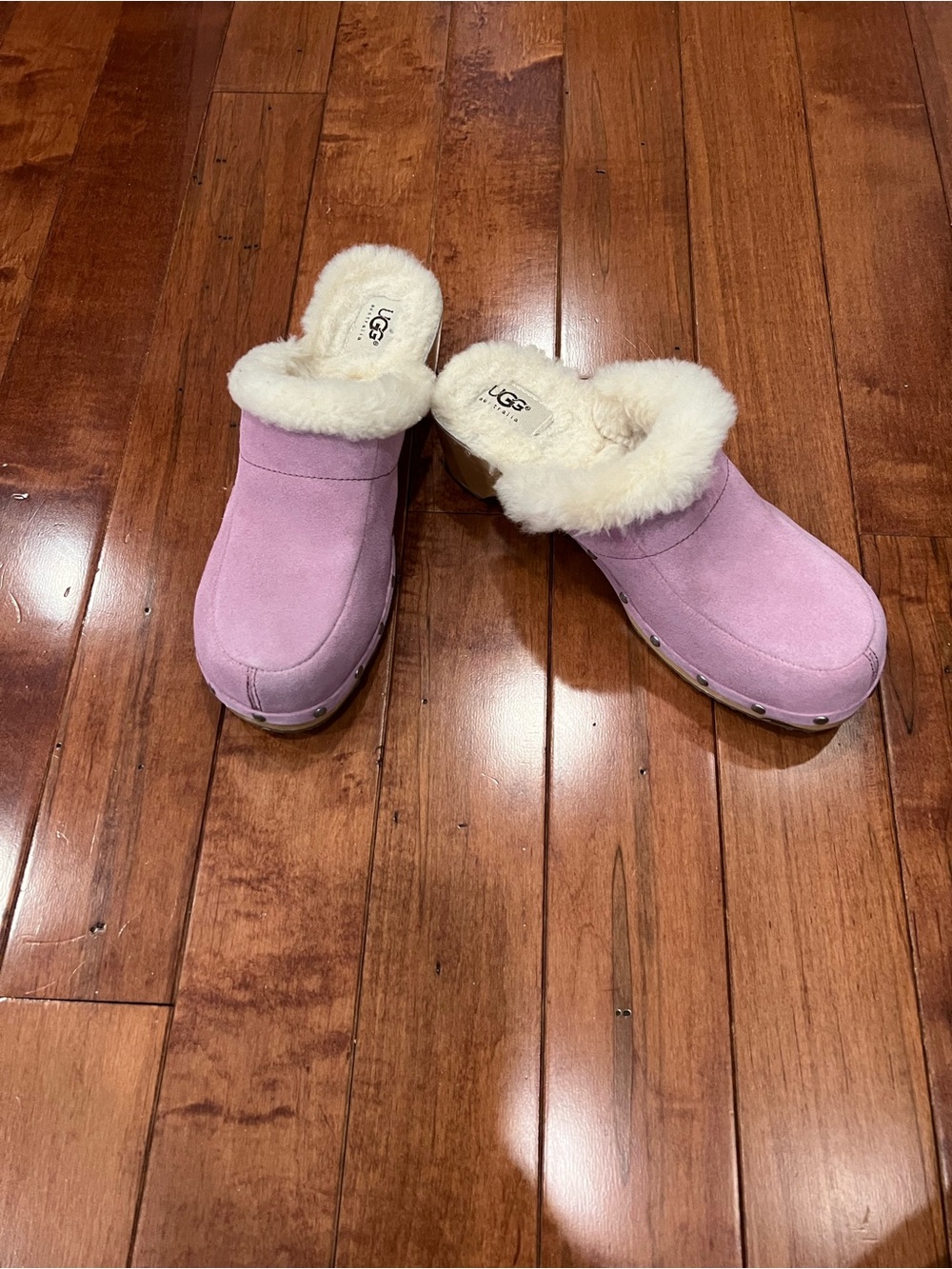 UGG Pink Suede Shearling Clog Mules